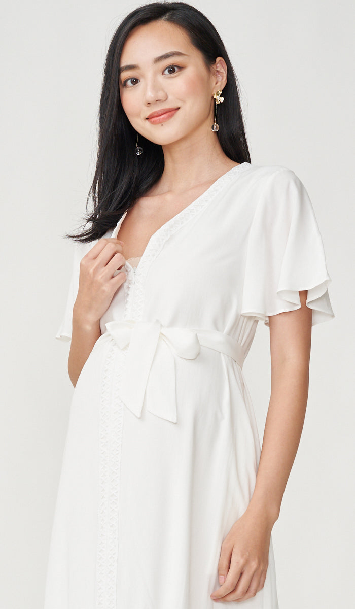 CAROLLE CROCHET TRIM NURSING DRESS WHITE