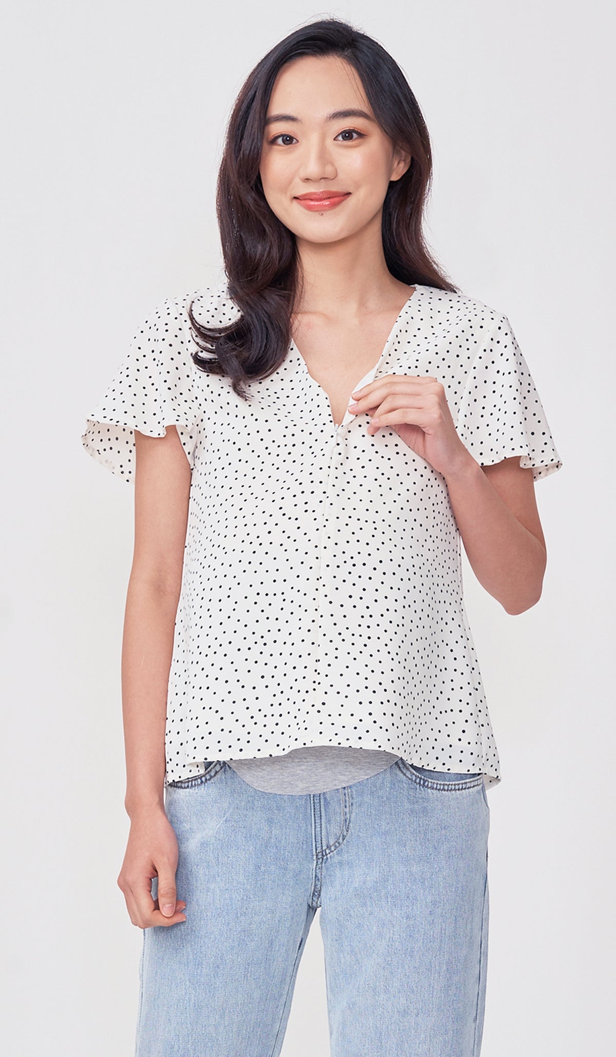 BREA DOTTED FRONT ZIP NURSING TOP WHITE