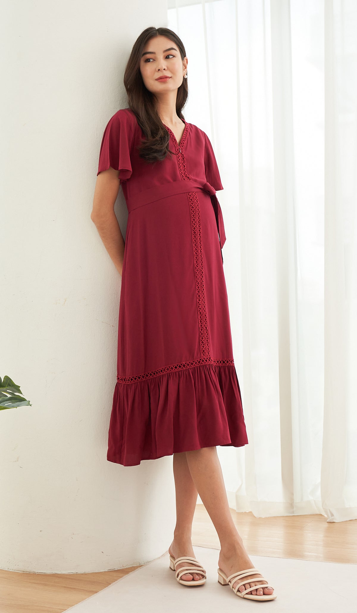 CAROLLE CROCHET TRIM NURSING DRESS RED