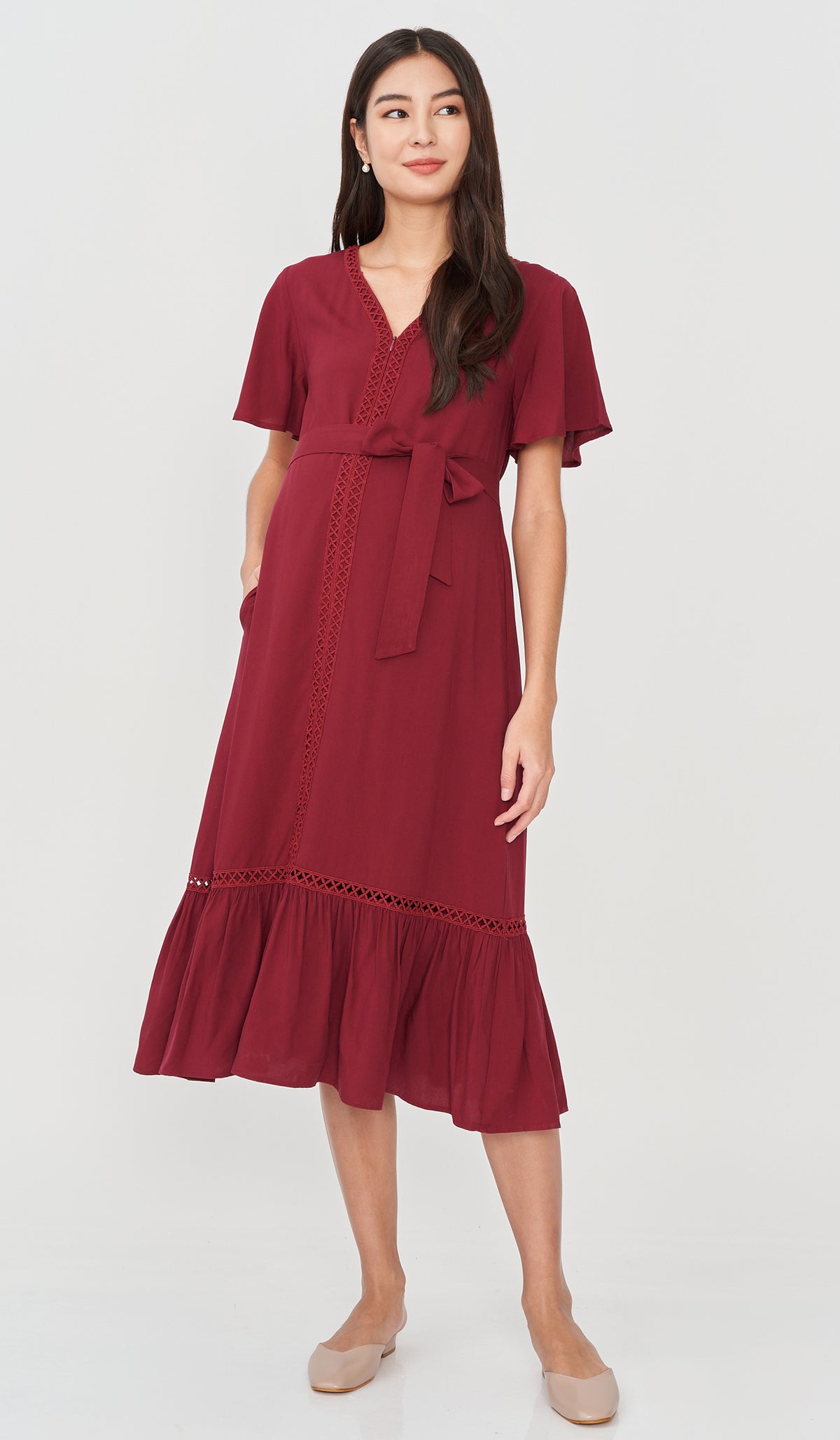 CAROLLE CROCHET TRIM NURSING DRESS RED