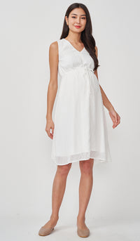 CORA SWISS DOT NURSING MIDI DRESS WHITE