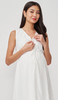 CORA SWISS DOT NURSING MIDI DRESS WHITE