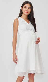 CORA SWISS DOT NURSING MIDI DRESS WHITE