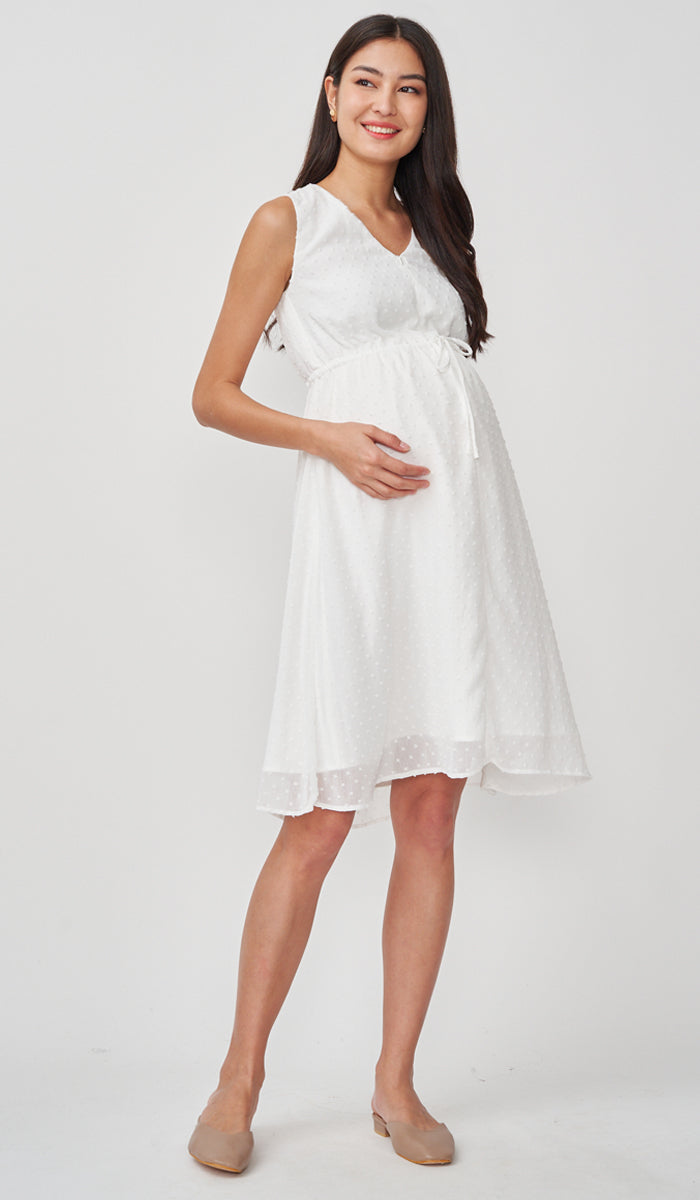 CORA SWISS DOT NURSING MIDI DRESS WHITE