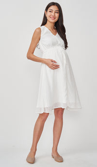 CORA SWISS DOT NURSING MIDI DRESS WHITE