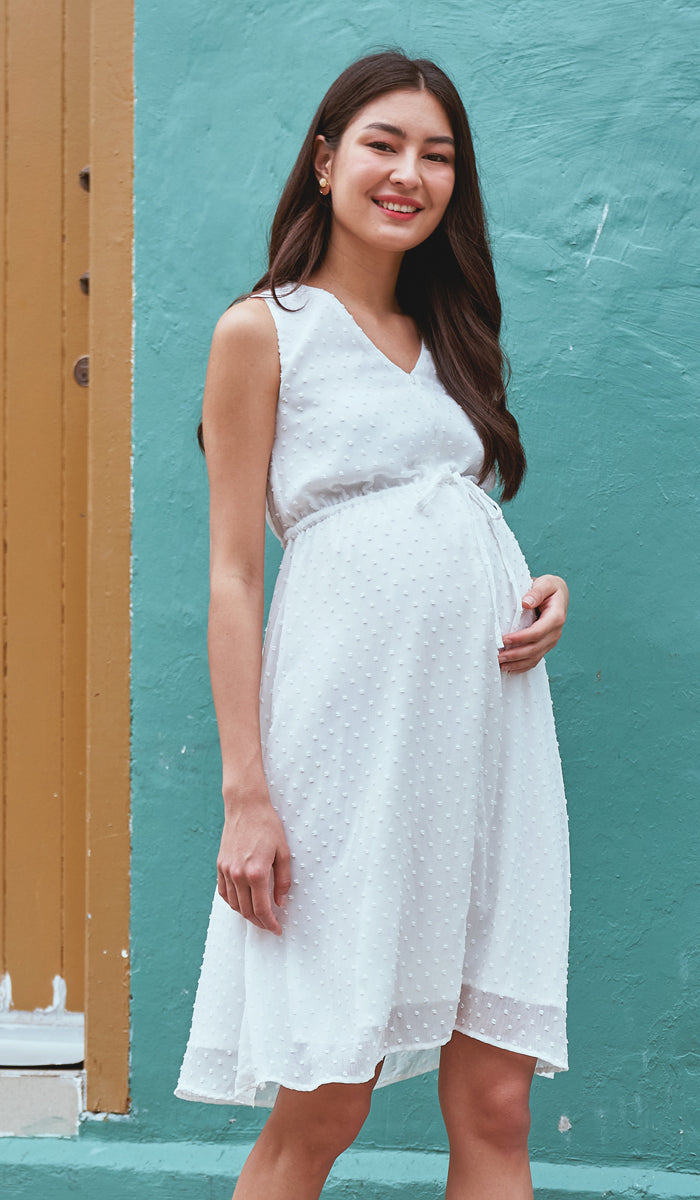 CORA SWISS DOT NURSING MIDI DRESS WHITE