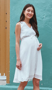 CORA SWISS DOT NURSING MIDI DRESS WHITE