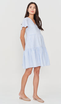 KEILY CHECKED TIERED DRESS BLUE
