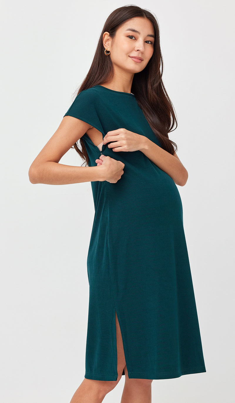 MAYA RIBBED NURSING DRESS GREEN Dear Collective MAYA RIBBED NURSING DRESS GREEN Dear Collective