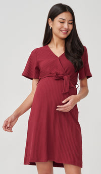 NYLA FAUX WRAP RIBBED NURSING DRESS RED
