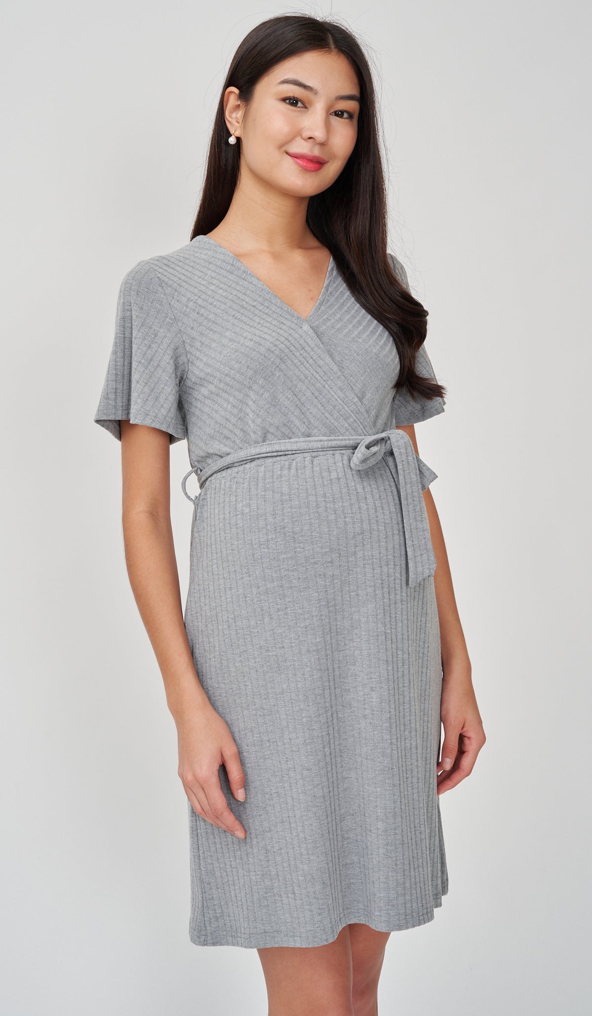 NYLA FAUX WRAP RIBBED NURSING DRESS GREY