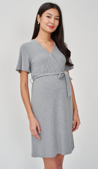 NYLA FAUX WRAP RIBBED NURSING DRESS GREY
