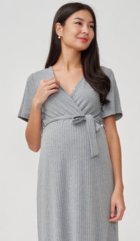 NYLA FAUX WRAP RIBBED NURSING DRESS GREY