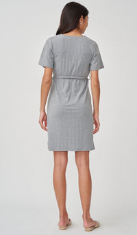NYLA FAUX WRAP RIBBED NURSING DRESS GREY