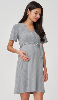 NYLA FAUX WRAP RIBBED NURSING DRESS GREY