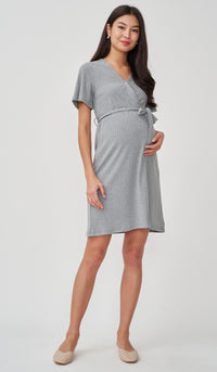 NYLA FAUX WRAP RIBBED NURSING DRESS GREY