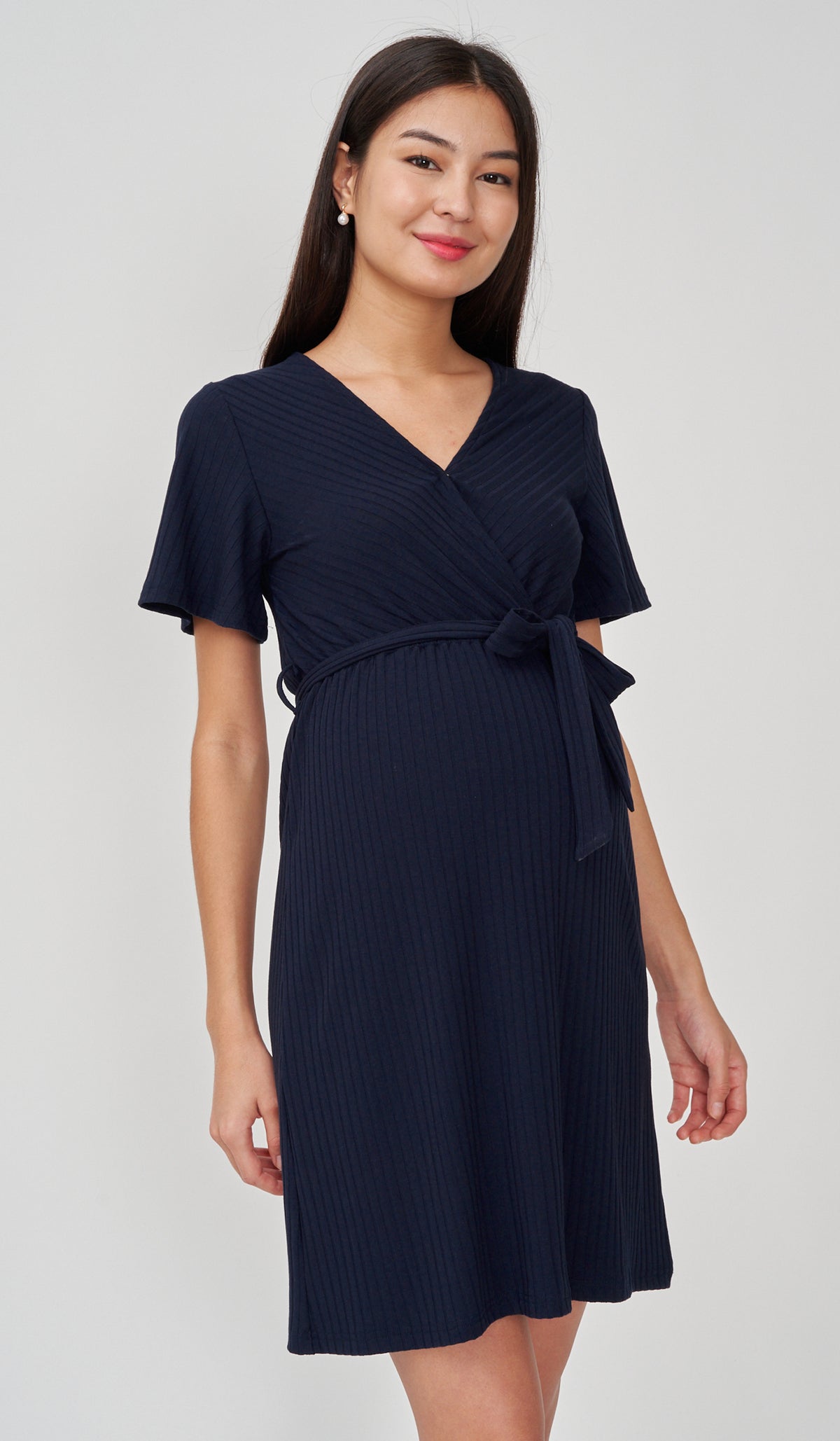 NYLA FAUX WRAP RIBBED NURSING DRESS NAVY