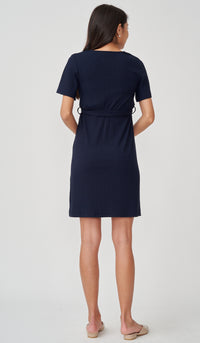 NYLA FAUX WRAP RIBBED NURSING DRESS NAVY