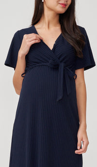 NYLA FAUX WRAP RIBBED NURSING DRESS NAVY