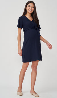 NYLA FAUX WRAP RIBBED NURSING DRESS NAVY