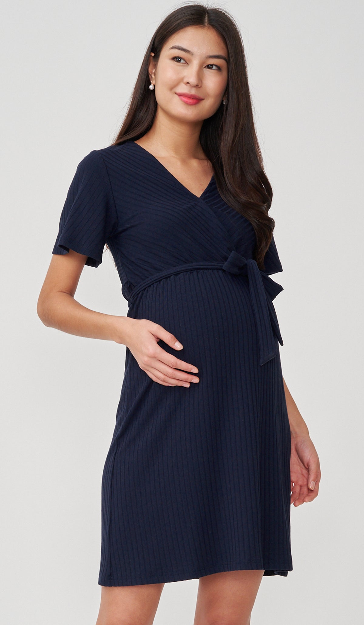 NYLA FAUX WRAP RIBBED NURSING DRESS NAVY