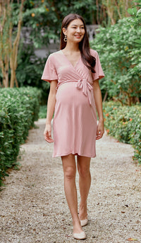 NYLA FAUX WRAP RIBBED NURSING DRESS PINK
