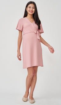 NYLA FAUX WRAP RIBBED NURSING DRESS PINK