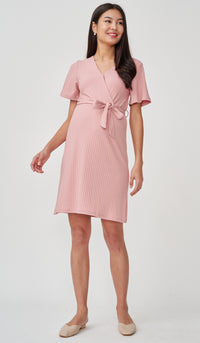 NYLA FAUX WRAP RIBBED NURSING DRESS PINK