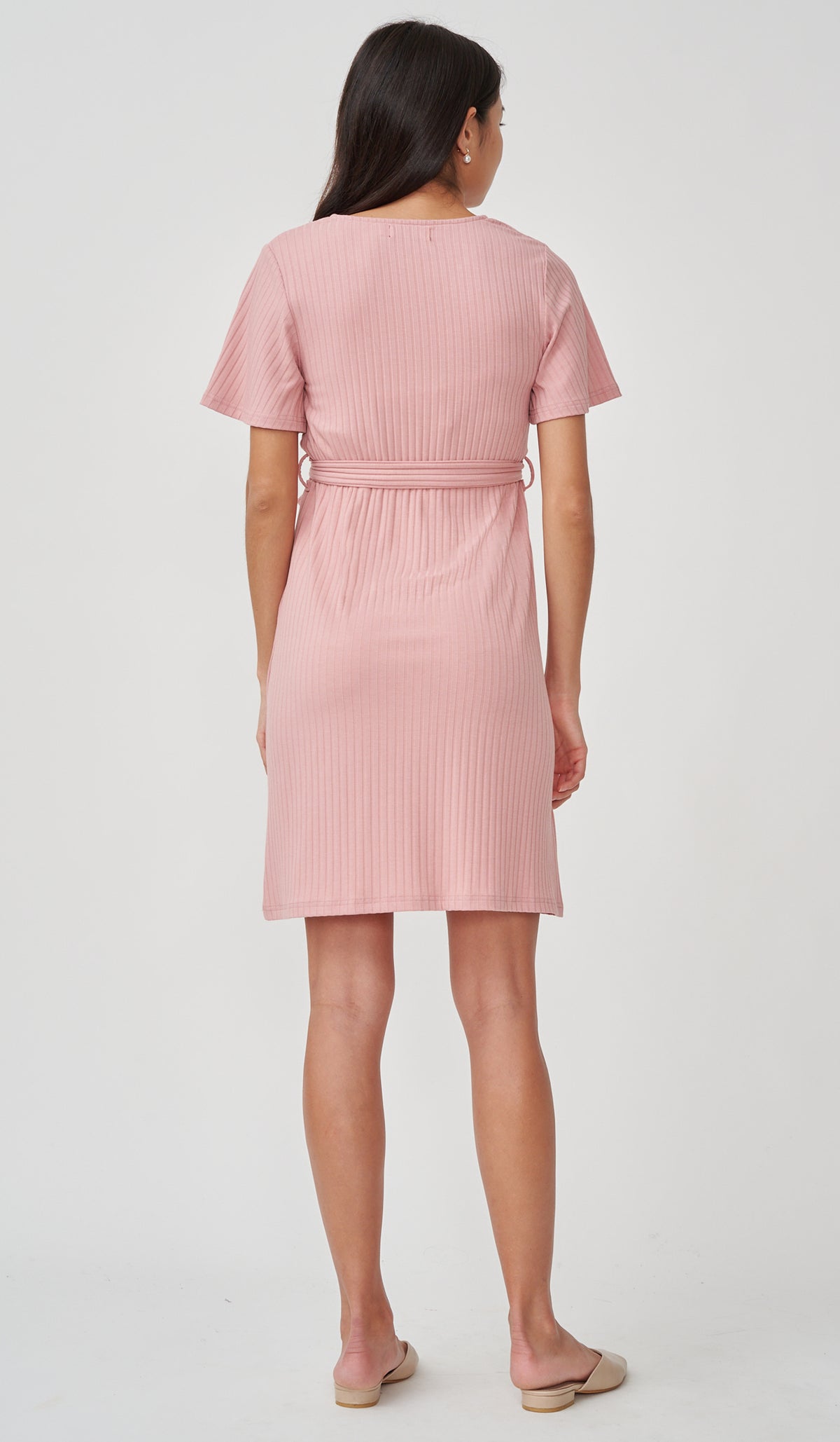 NYLA FAUX WRAP RIBBED NURSING DRESS PINK