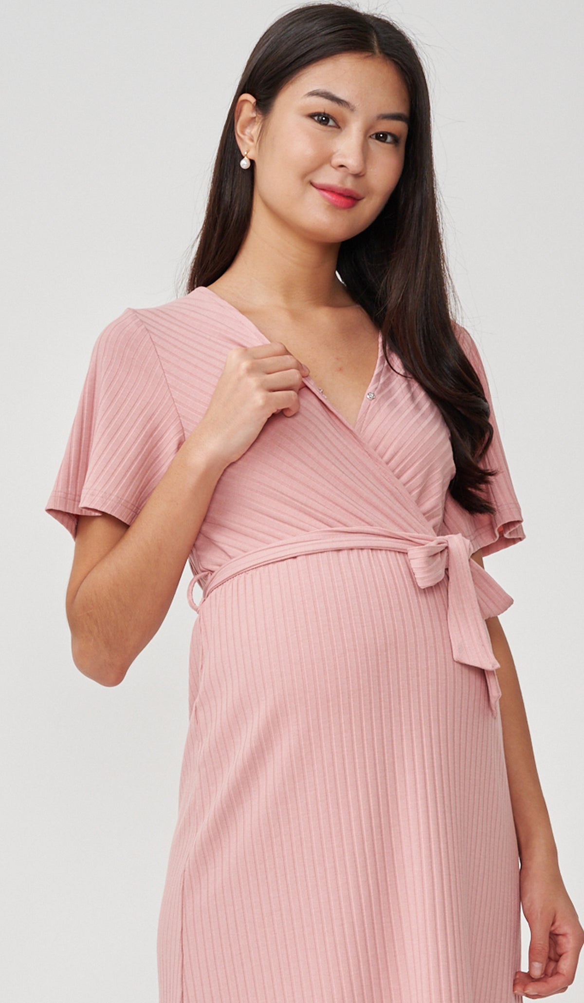 NYLA FAUX WRAP RIBBED NURSING DRESS PINK