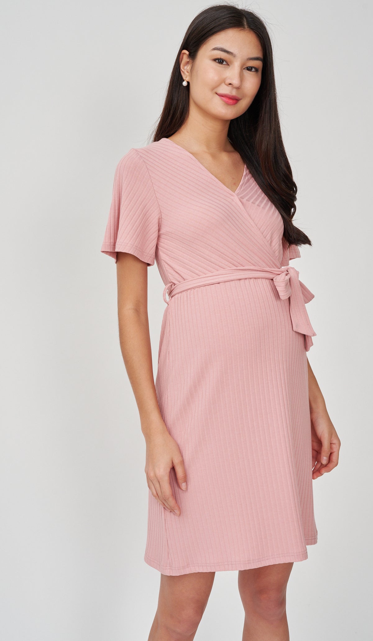 NYLA FAUX WRAP RIBBED NURSING DRESS PINK