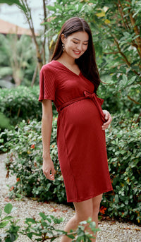 NYLA FAUX WRAP RIBBED NURSING DRESS RED