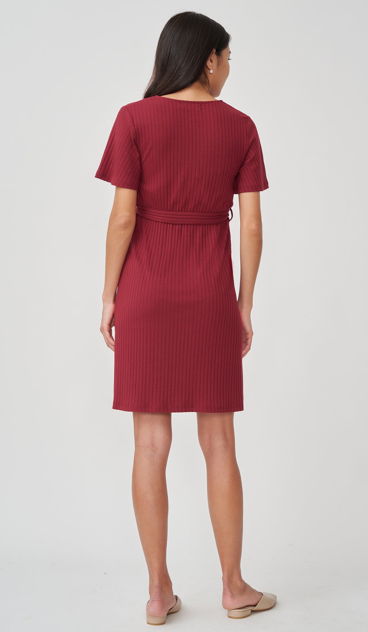 NYLA FAUX WRAP RIBBED NURSING DRESS RED