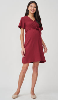 NYLA FAUX WRAP RIBBED NURSING DRESS RED