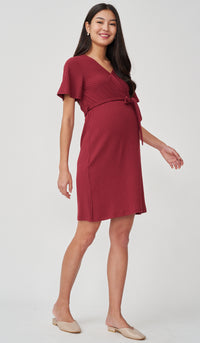 NYLA FAUX WRAP RIBBED NURSING DRESS RED
