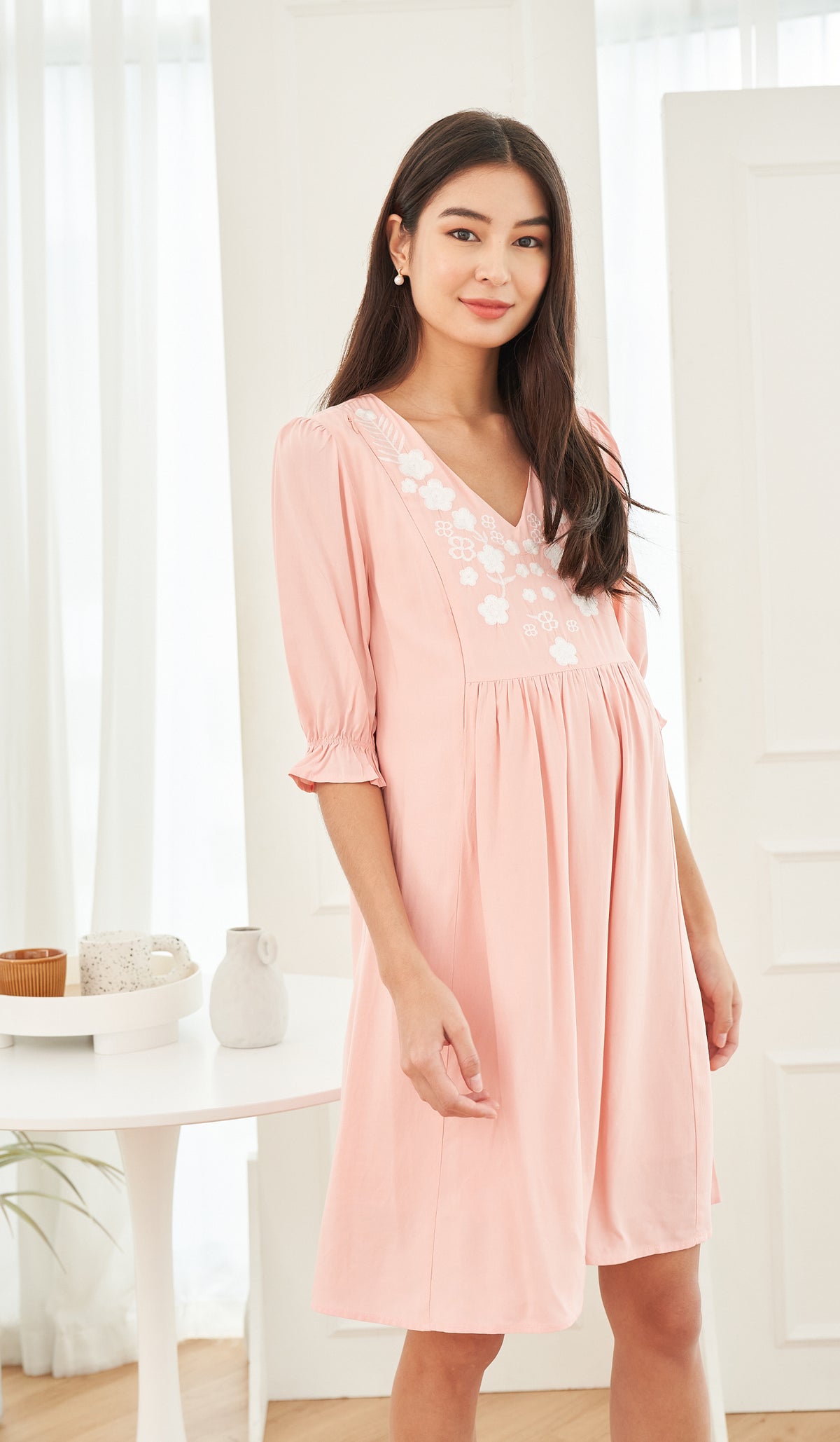POSY EMBROIDERY NURSING DRESS PINK