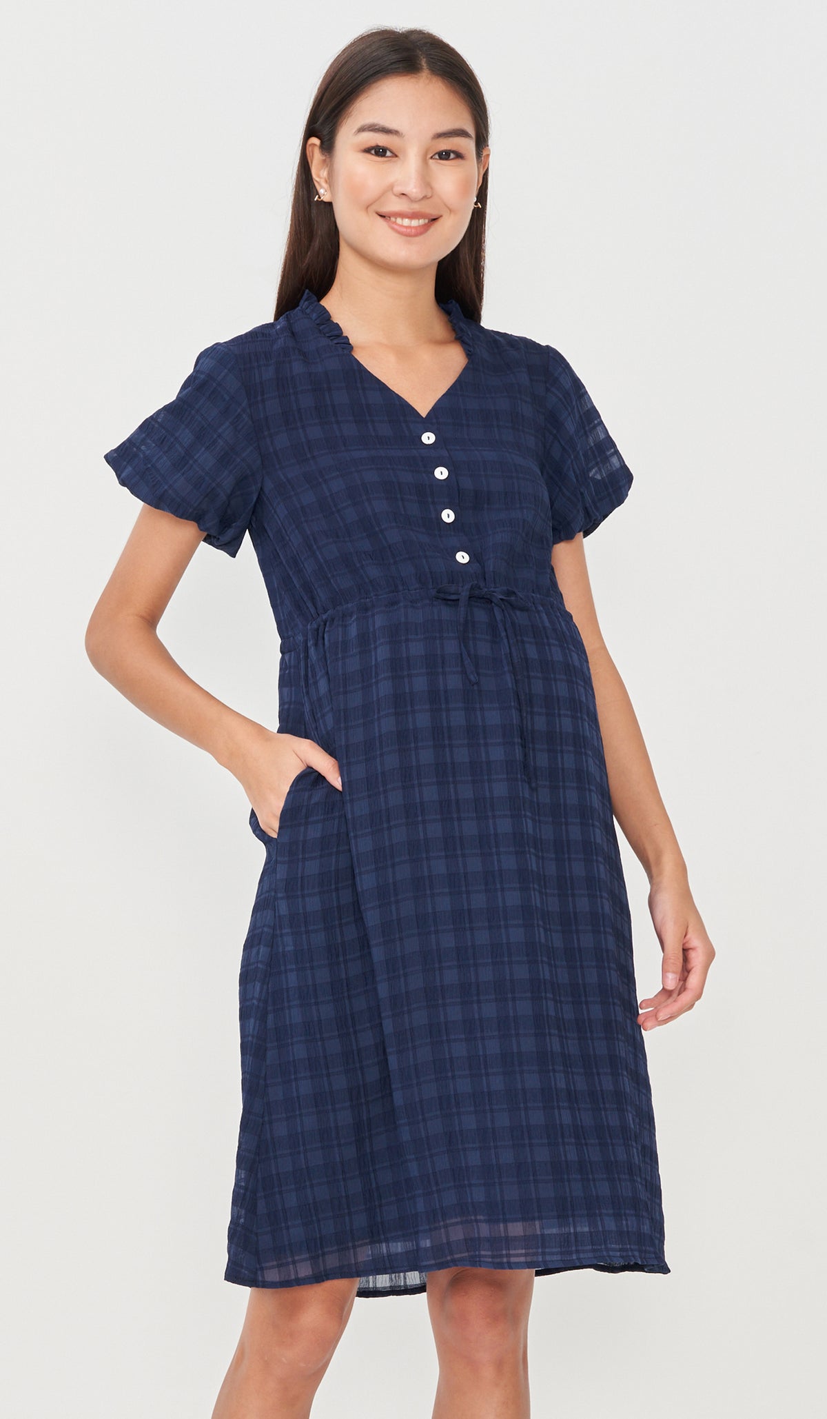 RILA PUFF SLEEVE NURSING DRESS NAVY