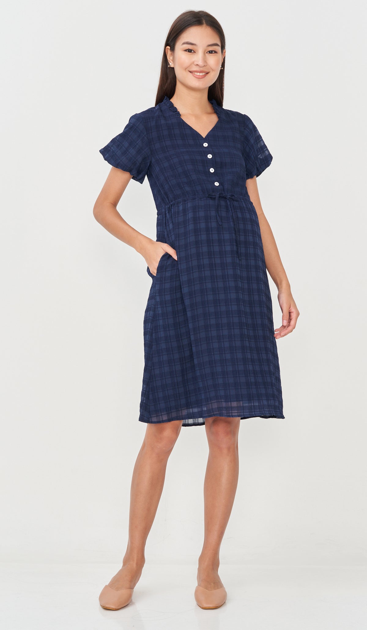 RILA PUFF SLEEVE NURSING DRESS NAVY