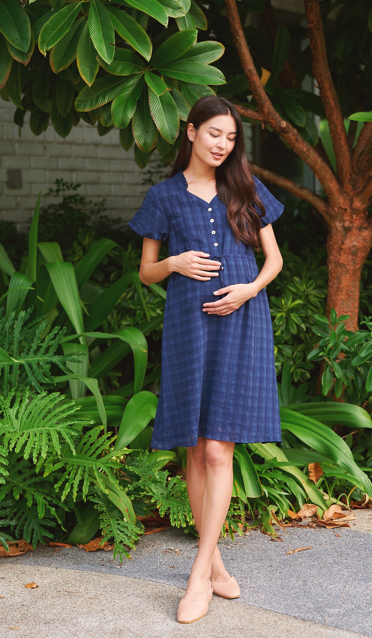 RILA PUFF SLEEVE NURSING DRESS NAVY