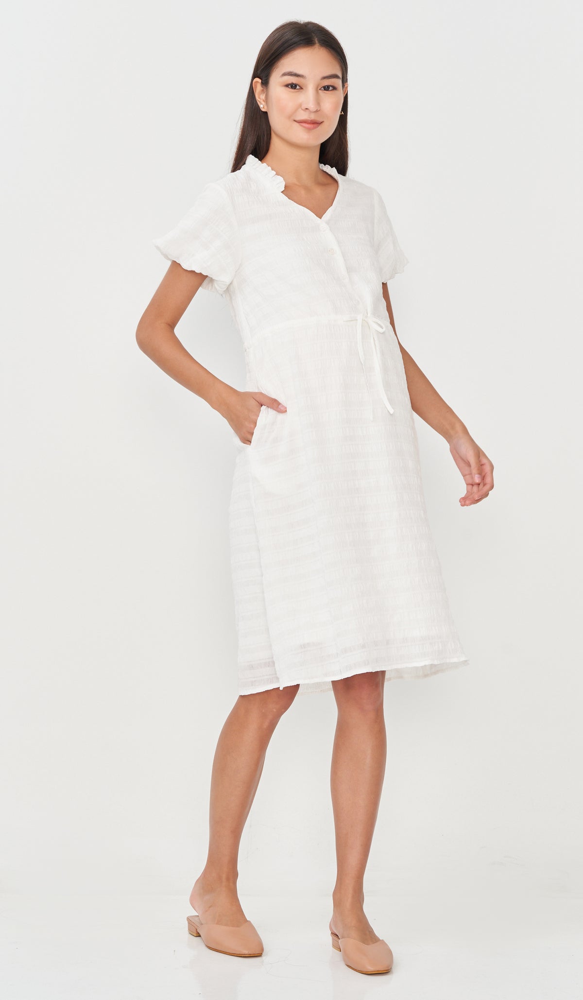 SALE - RILA PUFF SLEEVE NURSING DRESS WHITE