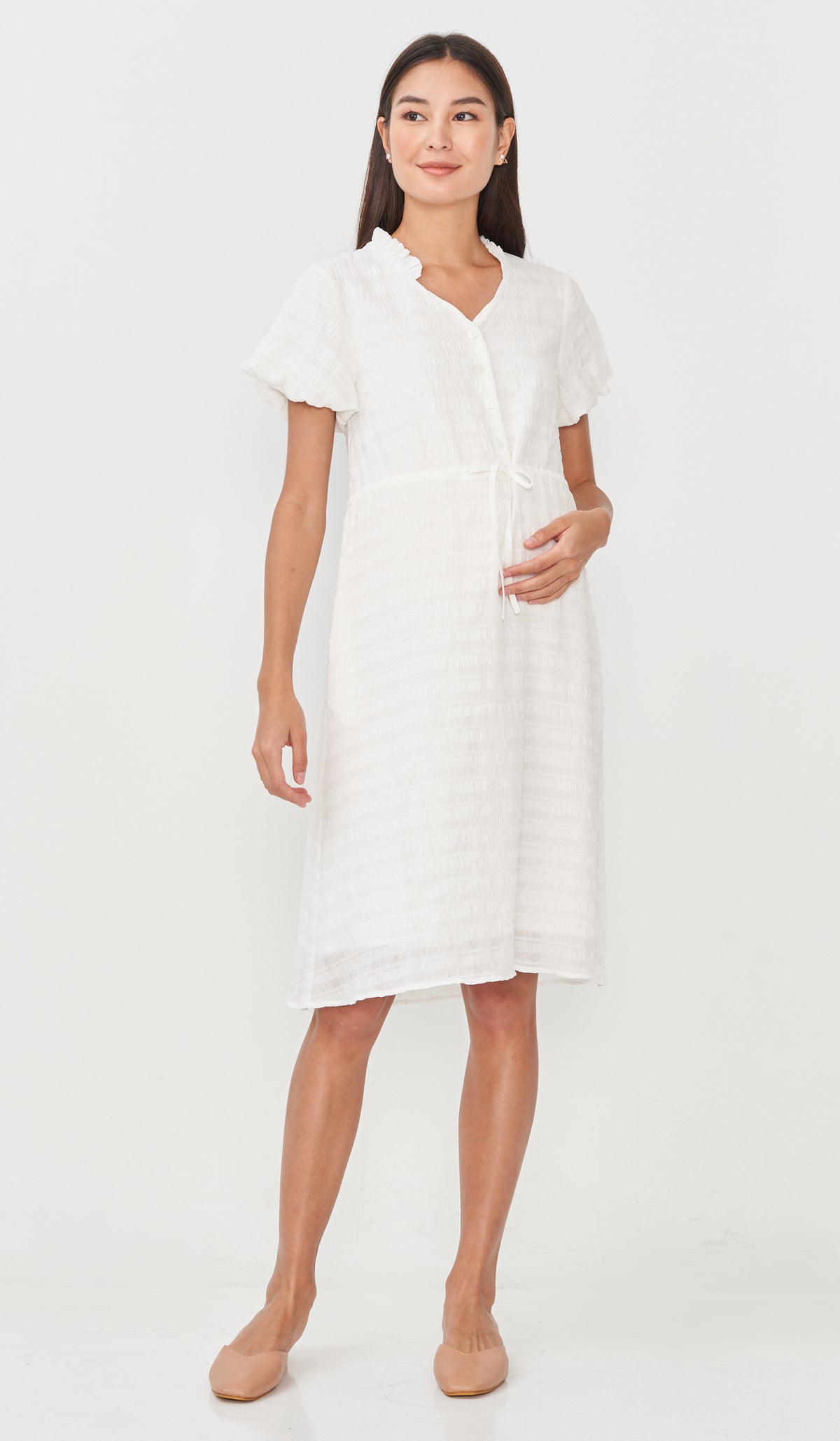 SALE - RILA PUFF SLEEVE NURSING DRESS WHITE