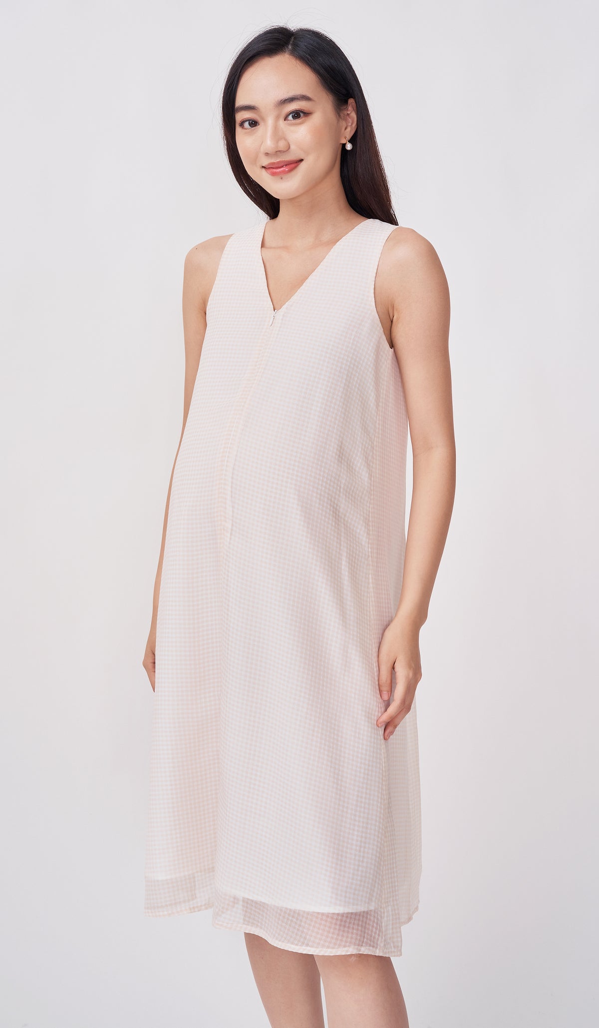 SALE - STELLA CHECKED MIDI NURSING DRESS NUDE
