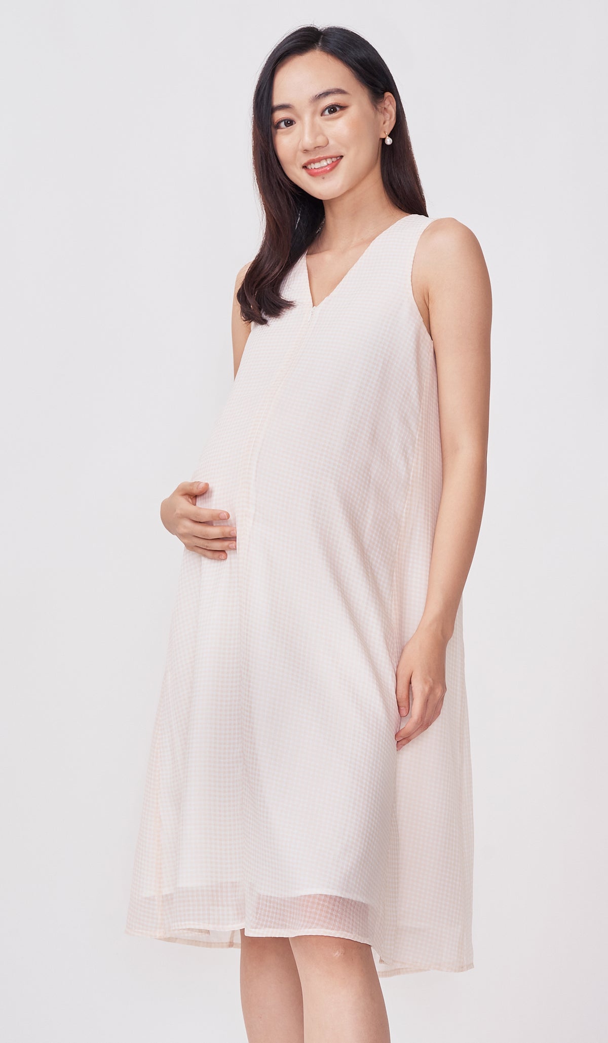 SALE - STELLA CHECKED MIDI NURSING DRESS NUDE