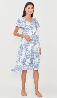 TRIXIE FLORAL NURSING DRESS BLUE
