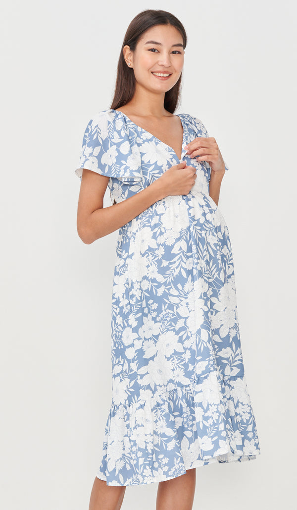 TRIXIE FLORAL NURSING DRESS BLUE