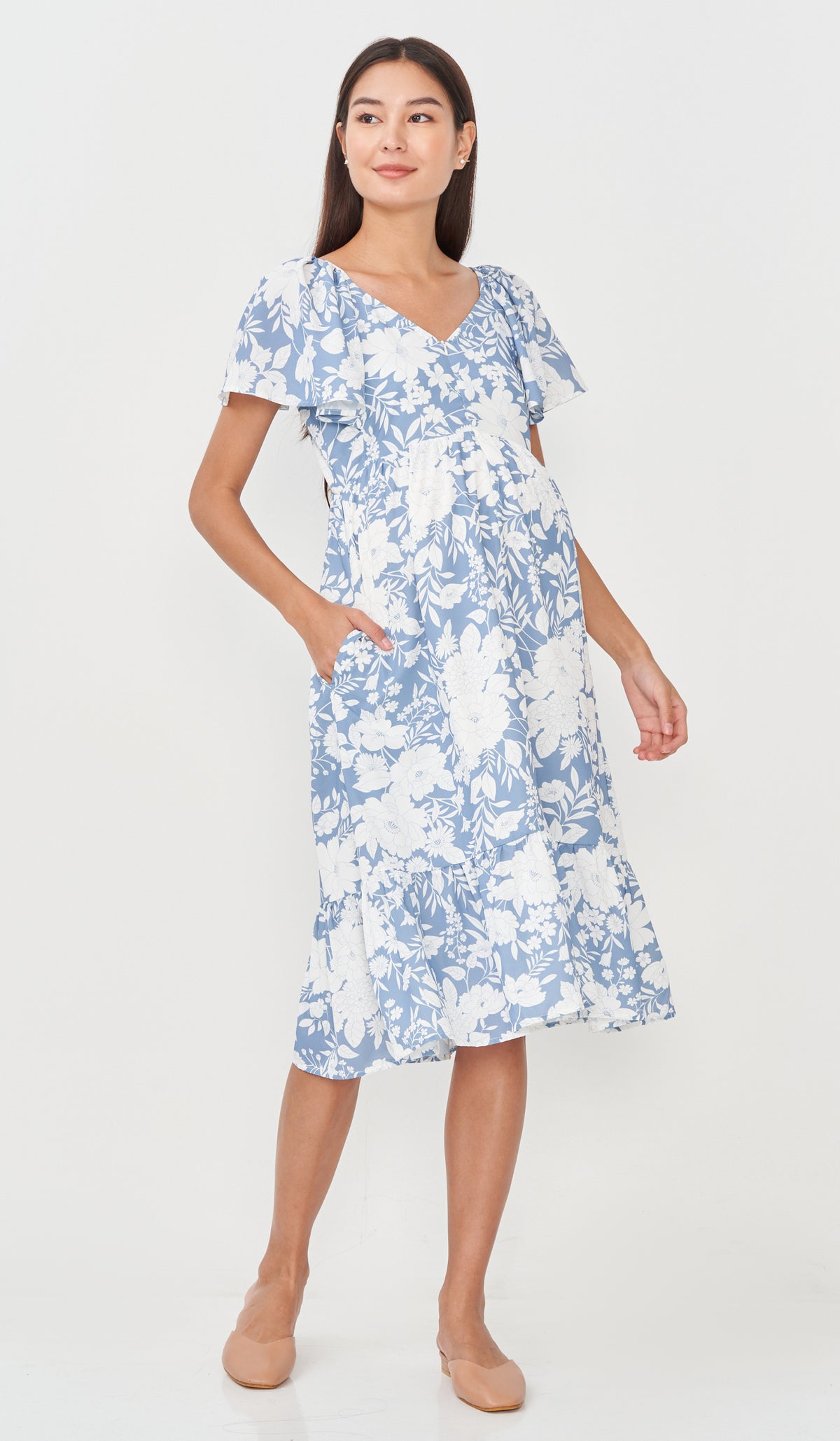 TRIXIE FLORAL NURSING DRESS BLUE