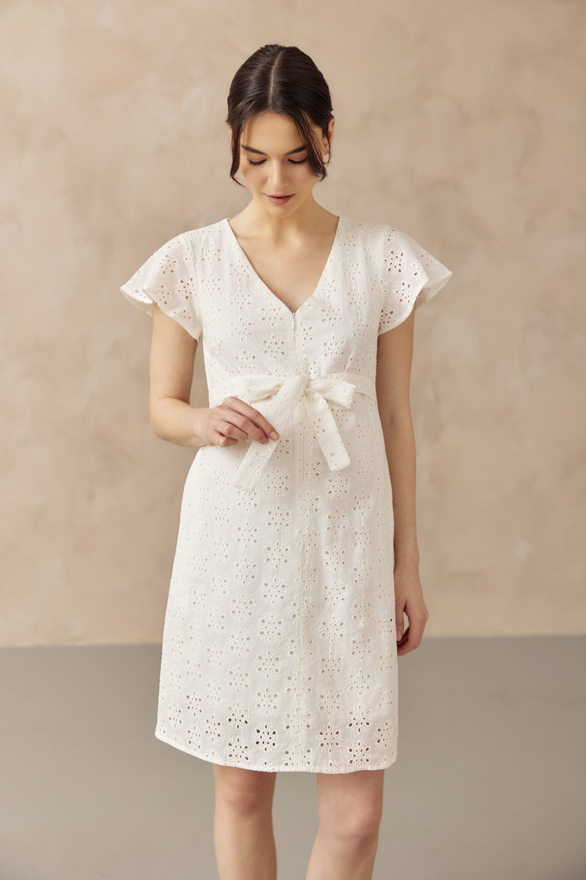 IRINA CROCHET FRONT ZIP NURSING DRESS WHITE