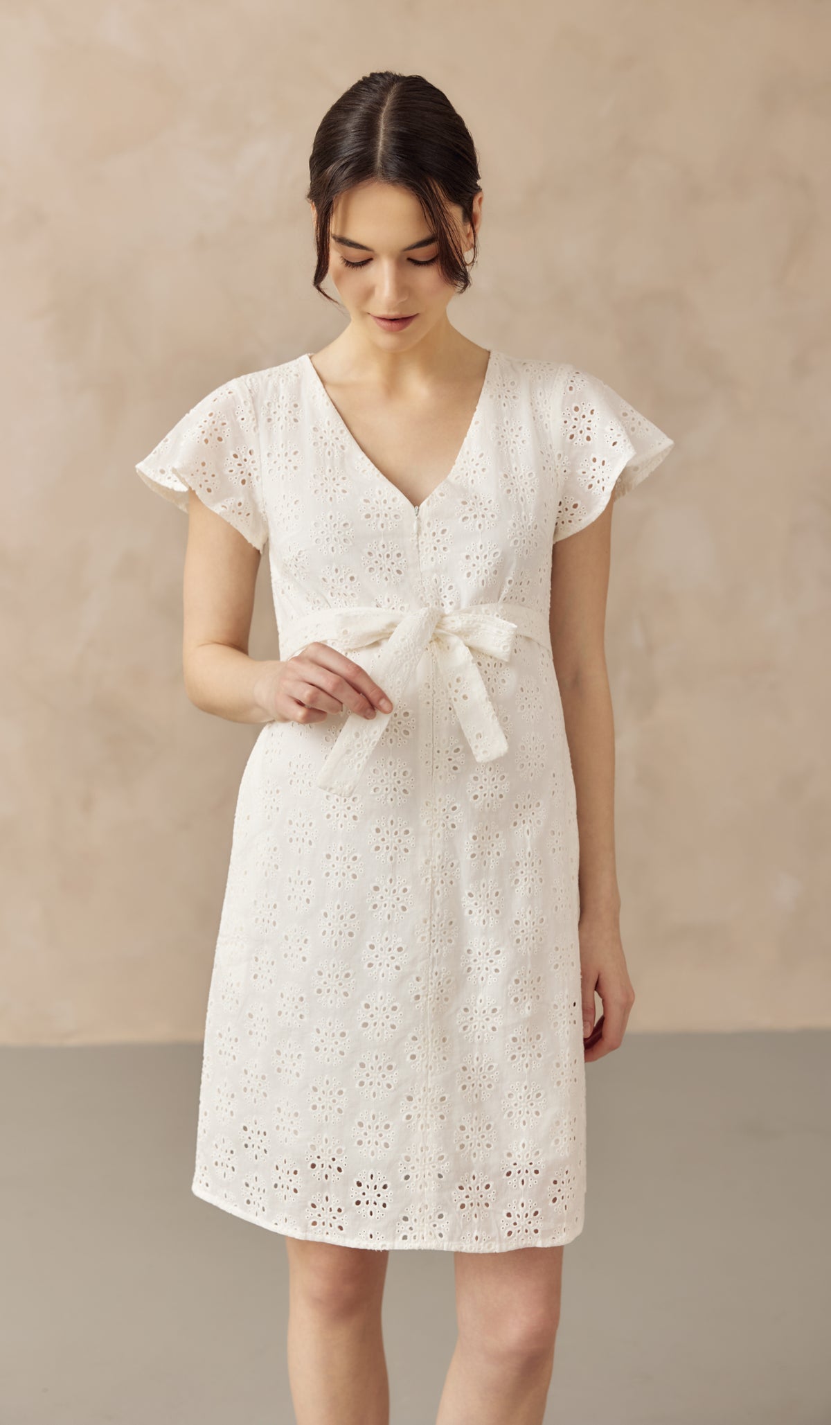 IRINA CROCHET FRONT ZIP NURSING DRESS WHITE