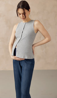 CLARESSA BUTTONDOWN RIBBED KNIT TANK TOP LIGHT GREY