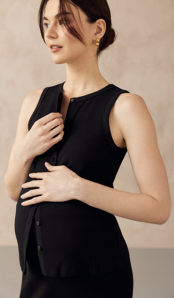 CLARESSA BUTTONDOWN RIBBED KNIT TANK TOP BLACK